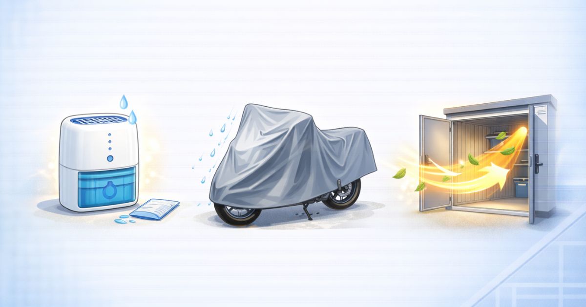 屋外型トランクルームでのバイク湿気対策イメージ