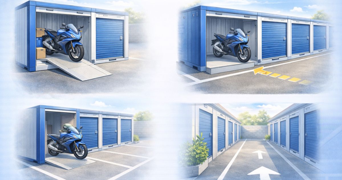 バイクを押して出し入れする導線確認イメージ