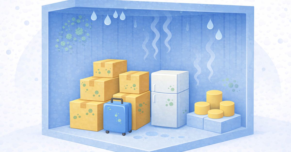 トランクルームでカビが発生する条件と保管環境のイメージ