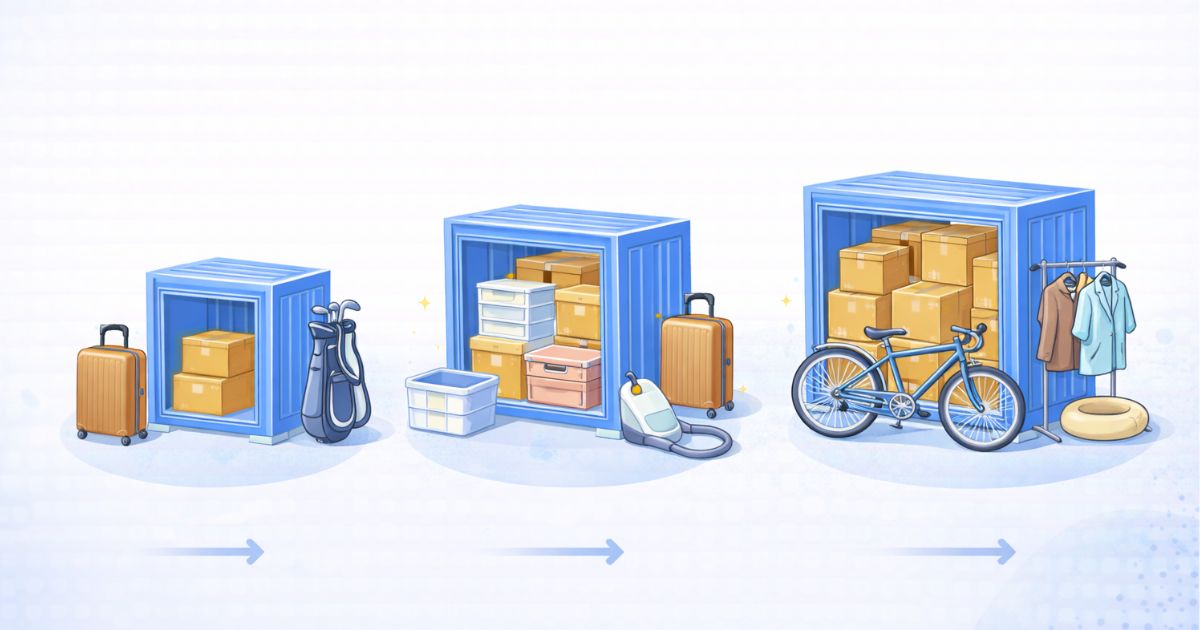 トランクルームサイズ別 0.5畳 1畳 2畳の収納イメージ比較