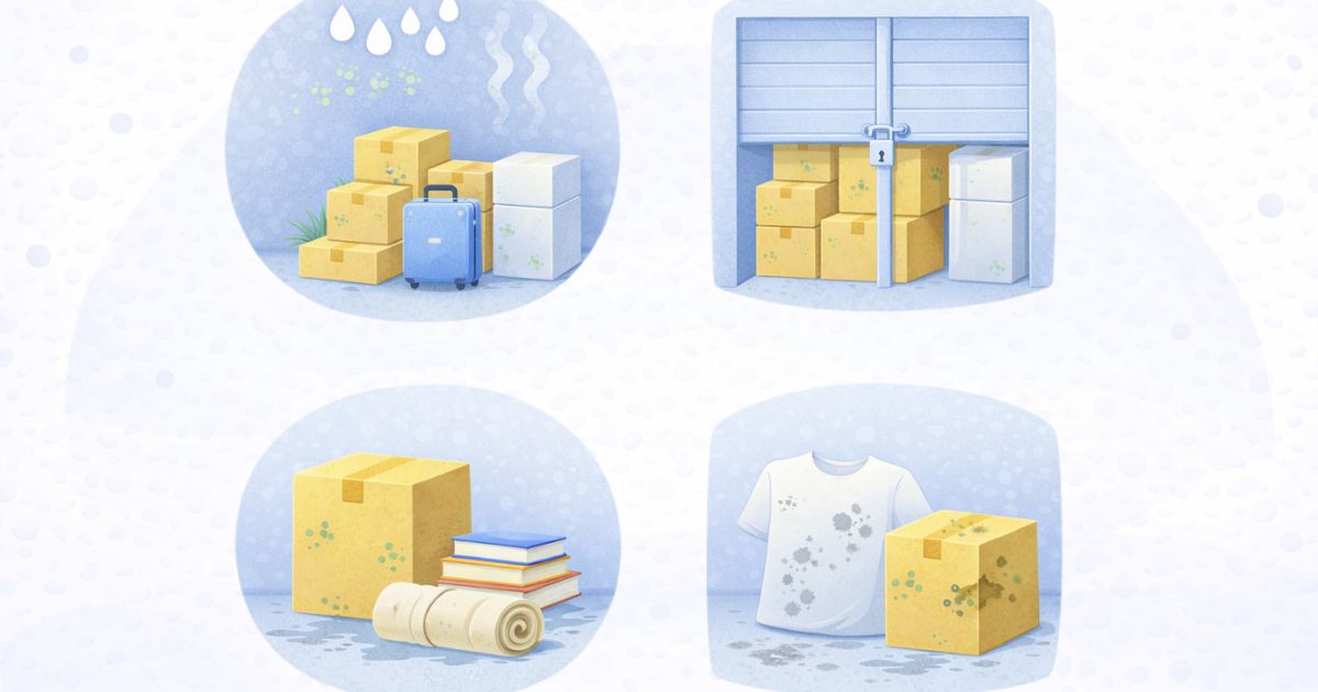 トランクルームでカビが発生する原因（湿気・詰め込み・直置き）のイメージ
