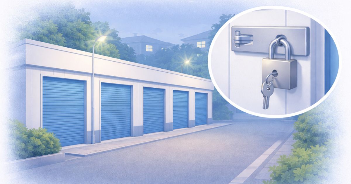 人通りが少ないトランクルームや簡易的な鍵のイメージ