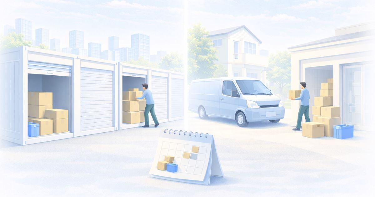 屋外型と宅配型トランクルームの短期利用比較イメージ