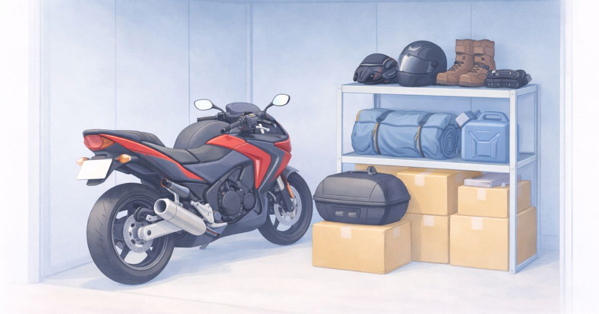 バイクと関連用品をまとめて収納しているトランクルームのイメージ