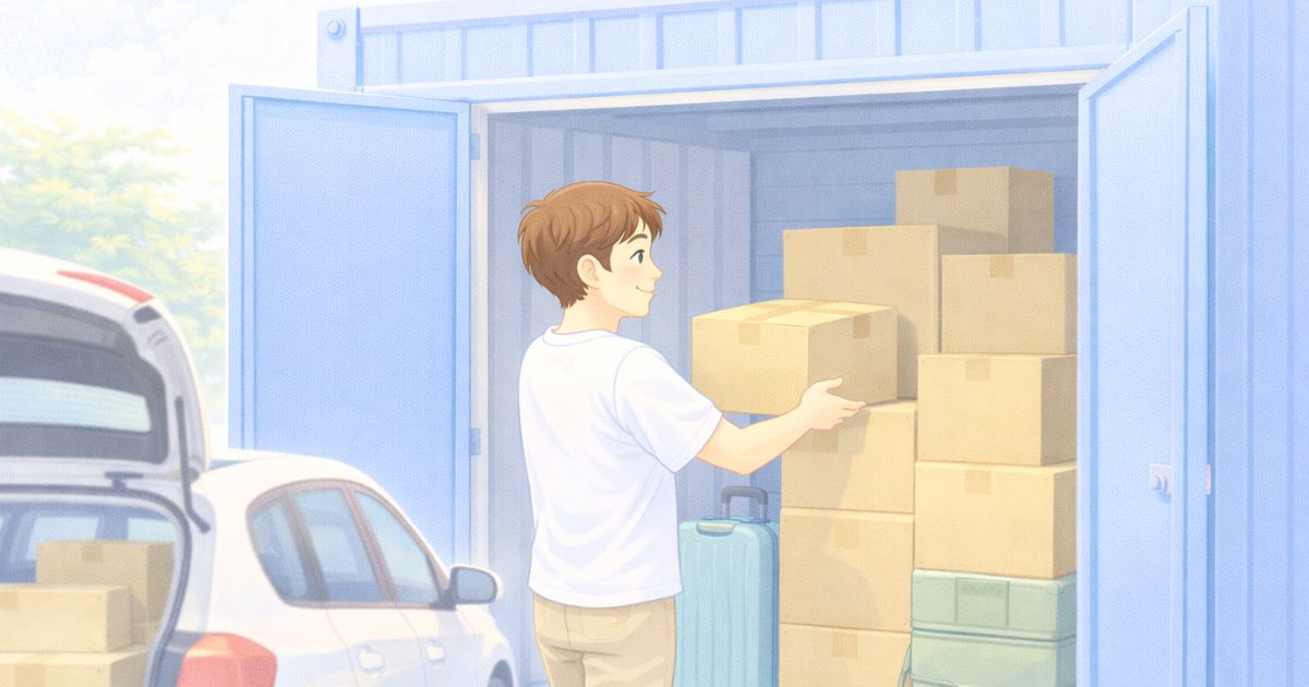 屋外型トランクルームで荷物を整理している様子