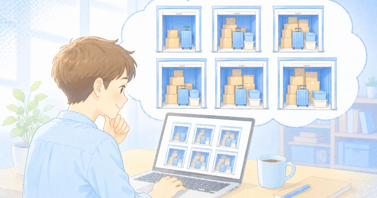 トランクルームのサイズや空き状況を公式サイトで確認しているイメージ